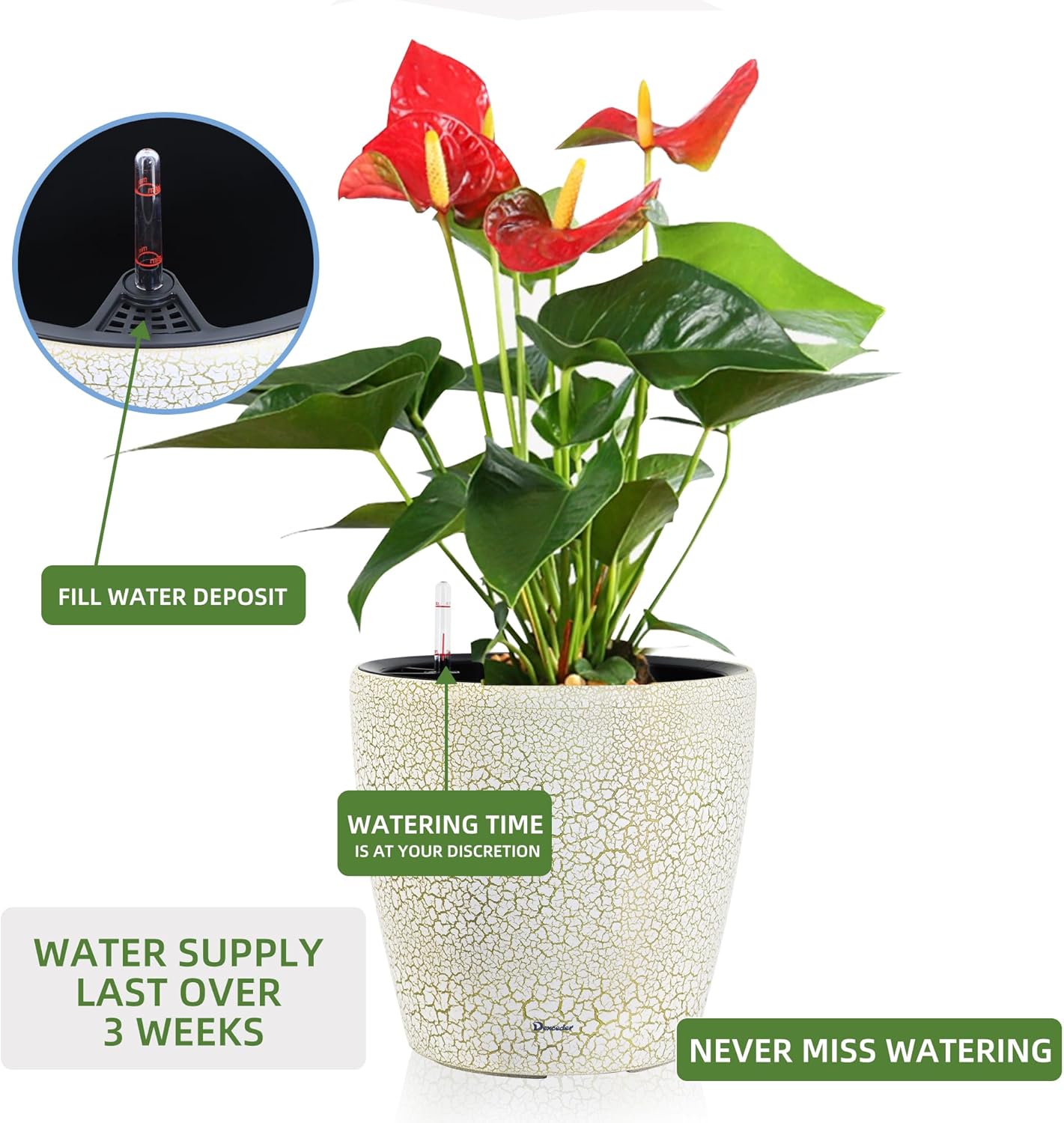 Dexceder 18x17 Self Watering Planter with Wheels Indoor Outdoor, Inner Pot Design, Thickened Large Floor Standing Flower Plant Pot with Water Level Indicator (White Gold Crackle)