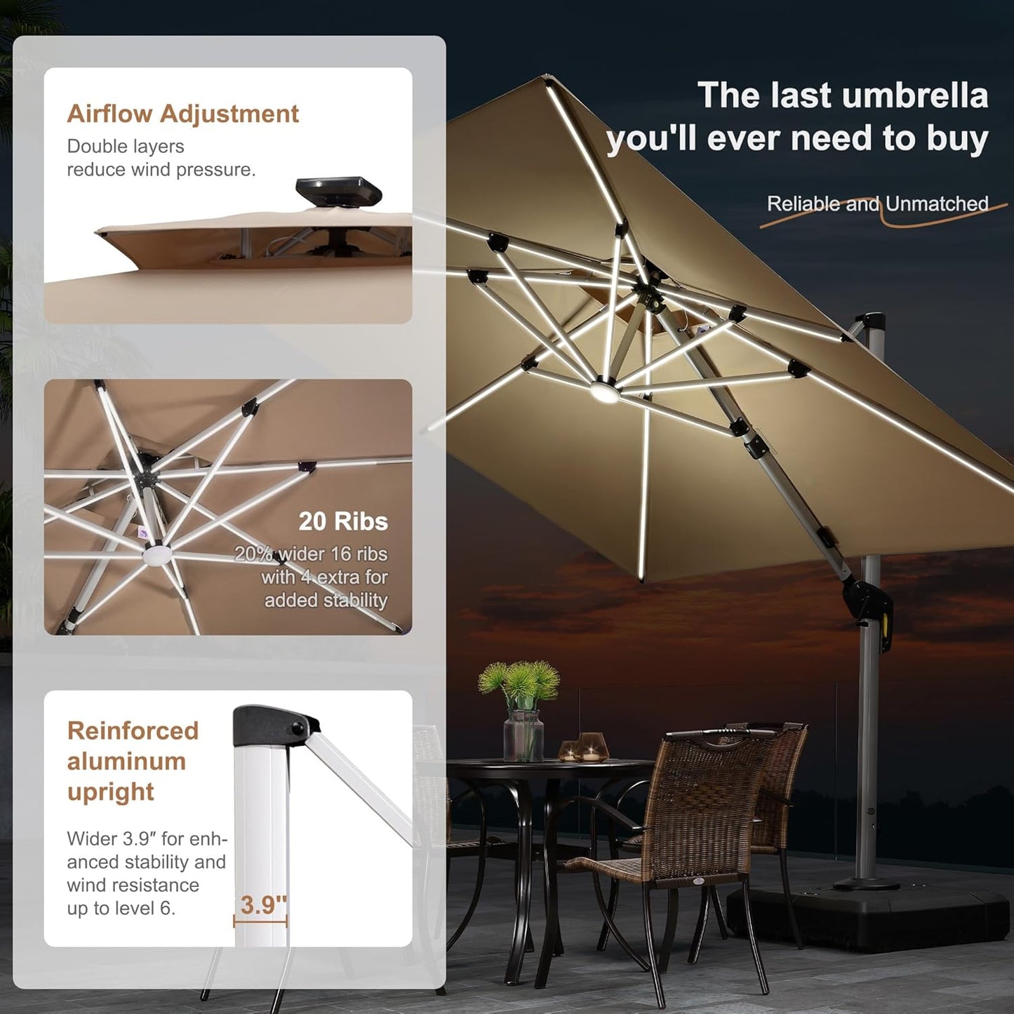 PURPLE LEAF 9' X 12' Solar Powered LED Patio Umbrella Cantilever Umbrellas Offset Double Top Hanging Outdoor Umbrella Market Umbrellas for Garden, Heather Taupe
