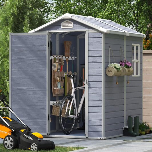Aoxun 4'x6' Resin Outdoor Storage Shed Utility Tool Shed Storage House, Multi-Purpose Utility Tool House Applicable for Bike, Clutter Storage for Backyard, Patio - Gray