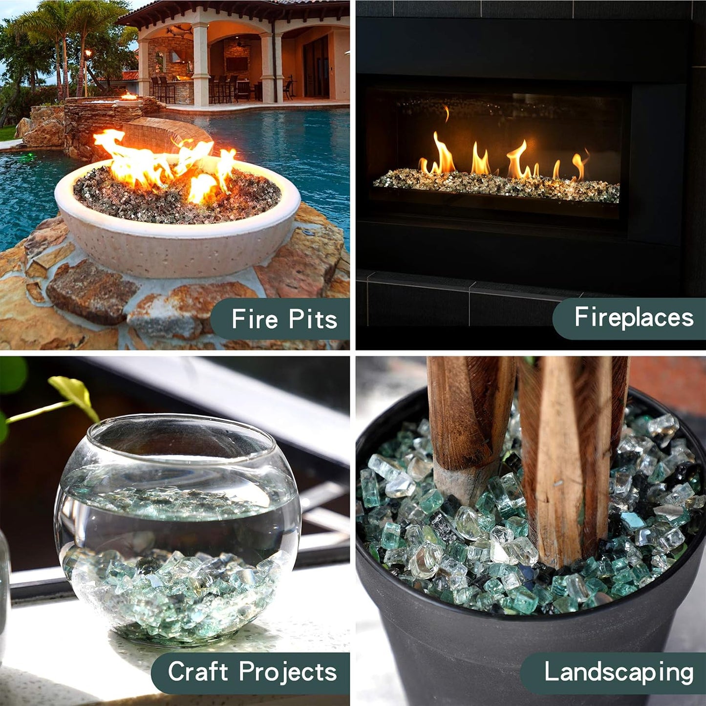 Mr. Fireglass 10 Pounds Blended Fire Glass - 1/2 Inch Mixed Colored High Luster Reflective Tempered Fireglass Rocks for Fireplace Fire Pit Table and Landscaping, Light Green+Onyx Black+Platinum