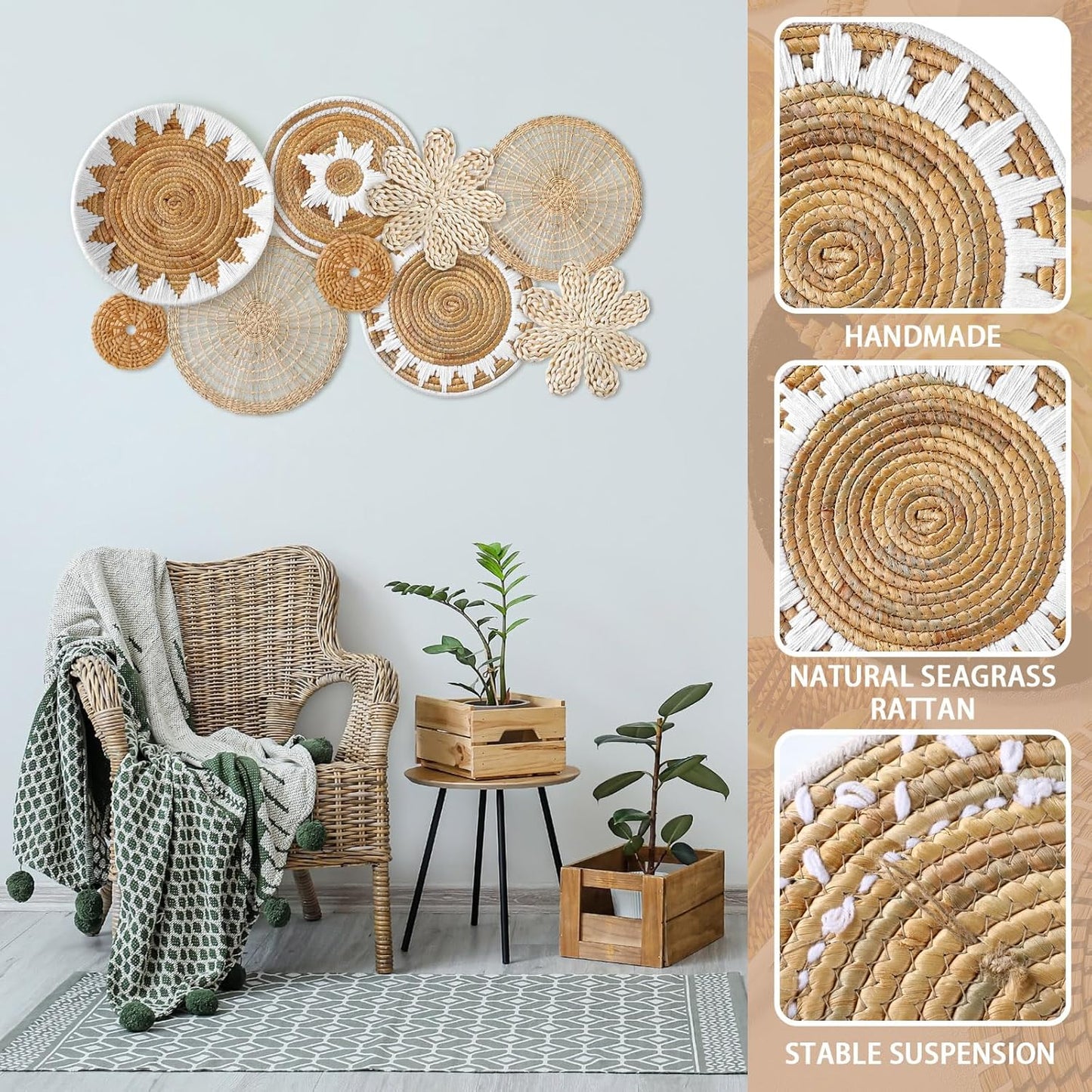 Xuhal Set of 8 Hanging Woven Wall Basket Handmade Decorative Rustic Boho Basket Decor Handcrafted Wicker Round Seagrass Wall Art for Home Kitchen Farmhouse Table Living Room