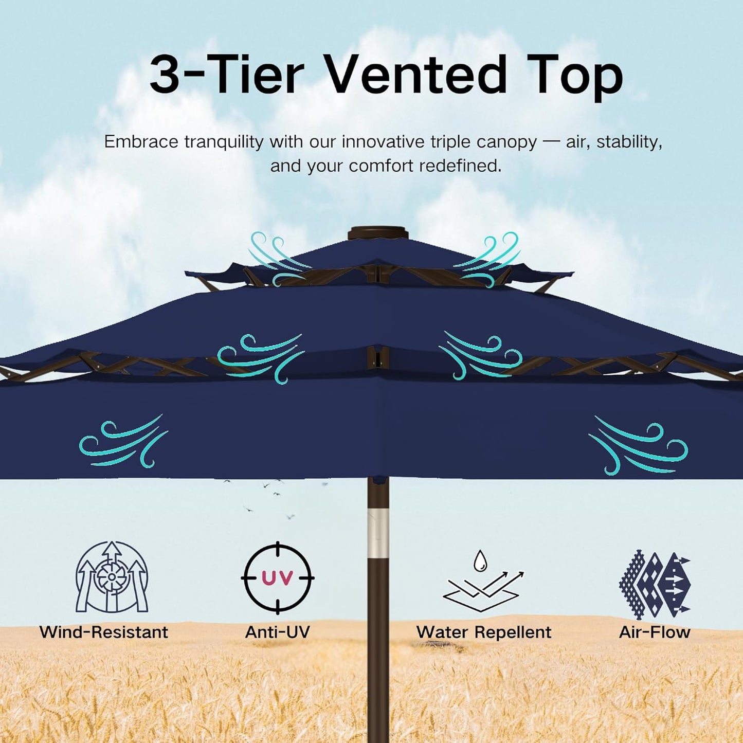 Kingdura 9ft 3-Tier Patio Umbrella, Outdoor Table Umbrella with Easy Crank & Tilt, 8 Reinforced Ribs, UV Protection for Deck, Pool, Market, Backyard (Navy blue)