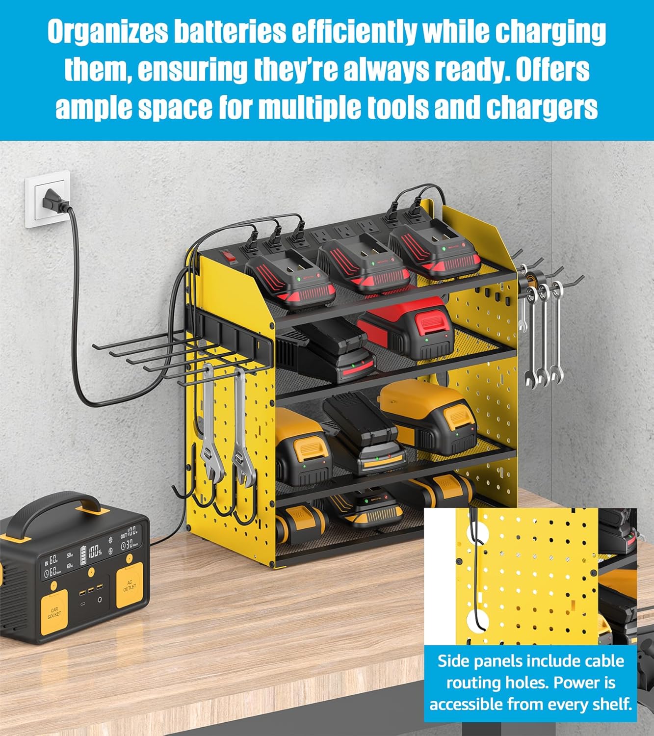 CCCEI Modular Desk Power Tools Organizer with Charging Station, 4 Layer Drills Battery Storage Wall Mount, Garage Shop Organization, Anniversary, Birthday, Gifts for Men, Father, Yellow, 10FT Cord.