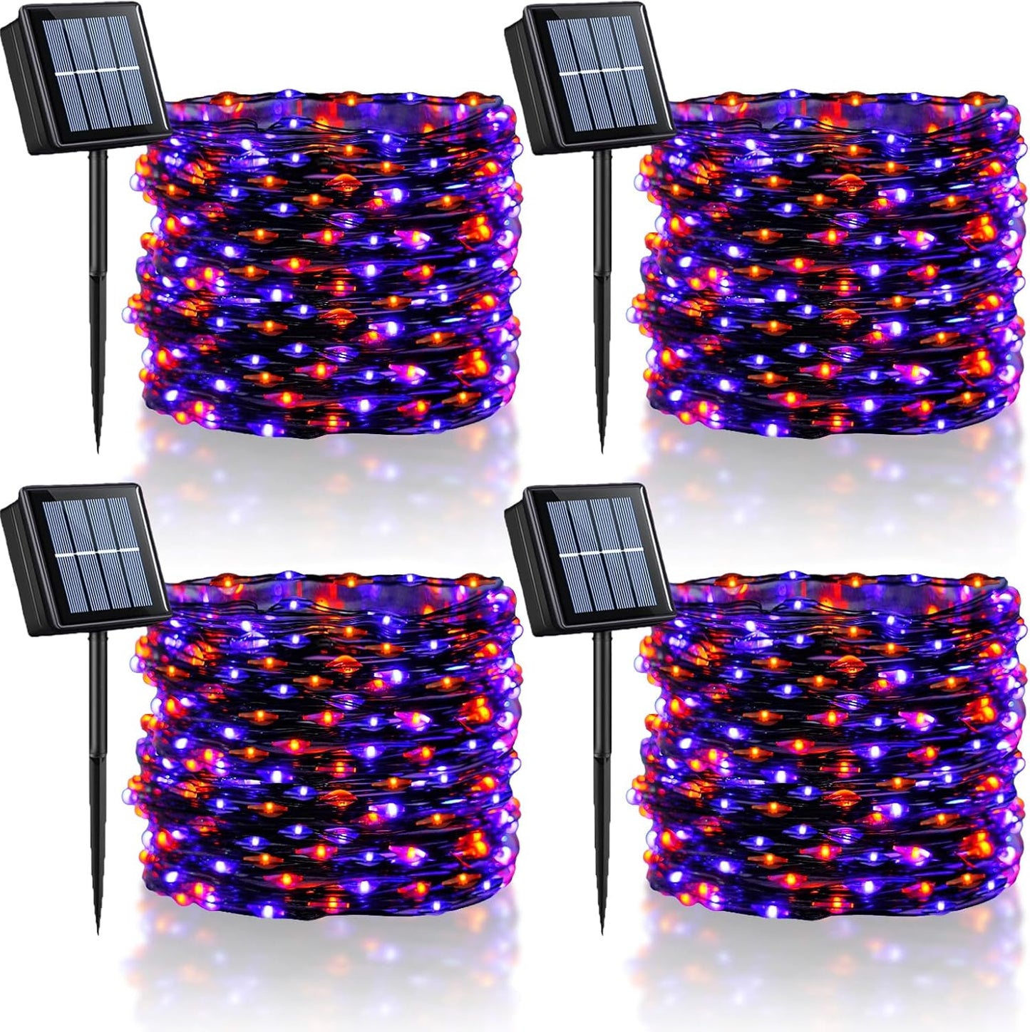 YEGUO Orange and Purple Halloween Lights Outdoor Waterproof, 4 Packs Each 33ft 100 LED Solar Fairy Light,8 Modes Black Wire String Lights