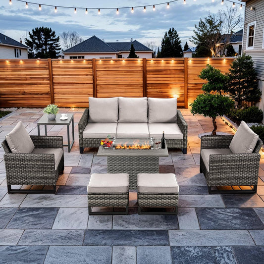 HUMMUH 7 Piece Patio Furniture Set with Fire Pit Table 41in 55,000 BTU,Wicker Outdoor Conversation Sets - Outdoor Chairs Set of 2 Patio Sofa for Porch,Garden,Backyard