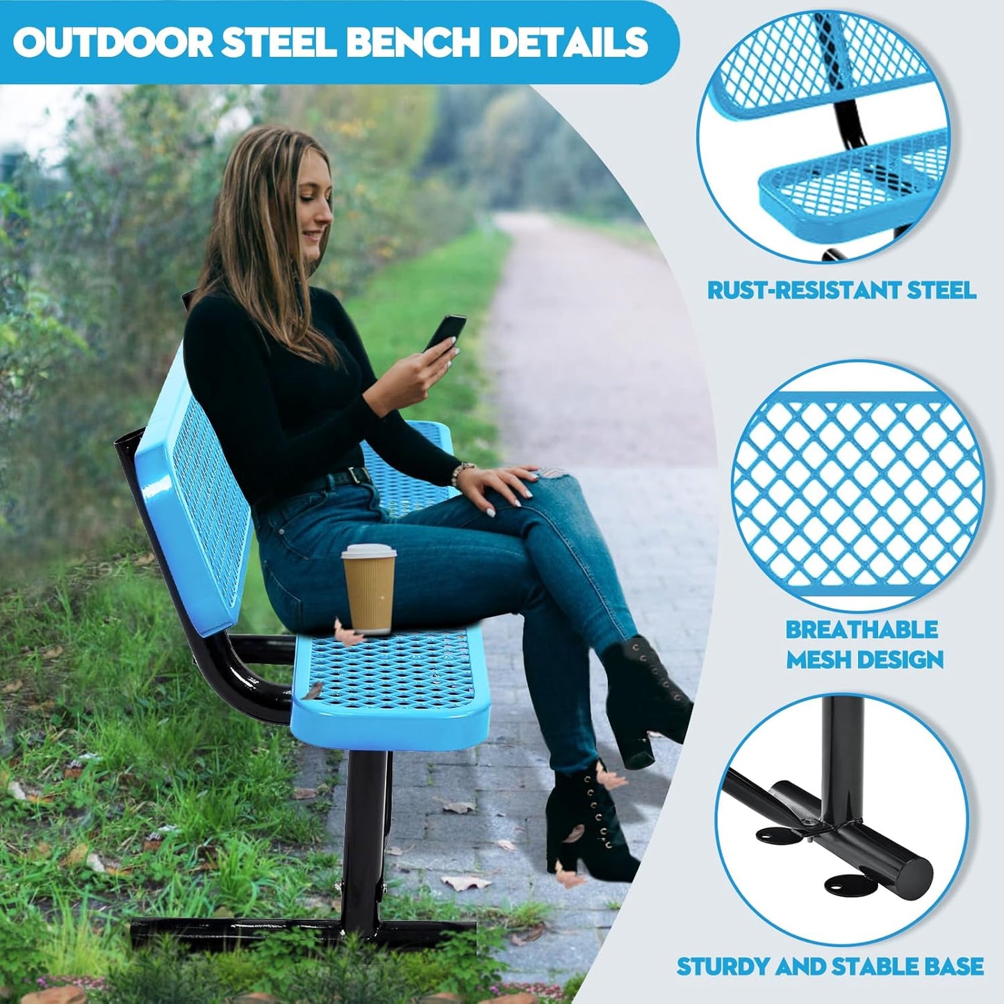 8Ft Outdoor Bench with Blue Portable Frame, Outdoor Steel Park Bench with Backrest, Expanded Metal Mesh Bench for Outside, Lawn, Backyard, Park, Deck, Garden, Patio, Porch, Blue