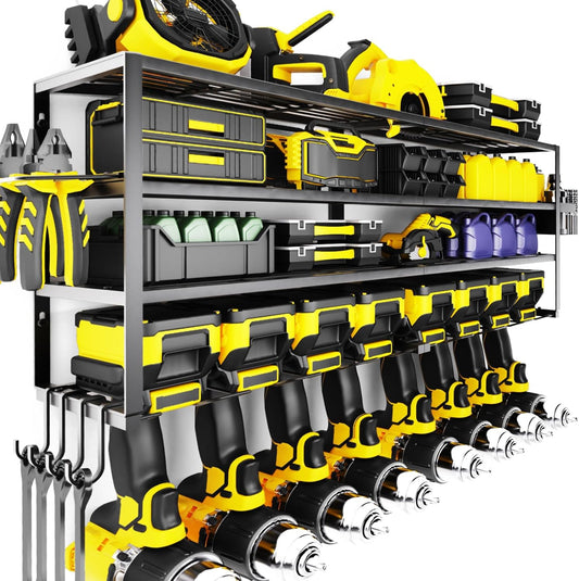 Large Power Tool Organizer Wall Mount for Fathers Dad, 4 Layers Heavy Duty Metal Garage Organization Loads 360lbs with 8 Cordless Drill Holder, Power Tool Shelf for Garage Workshop, Utility Racks