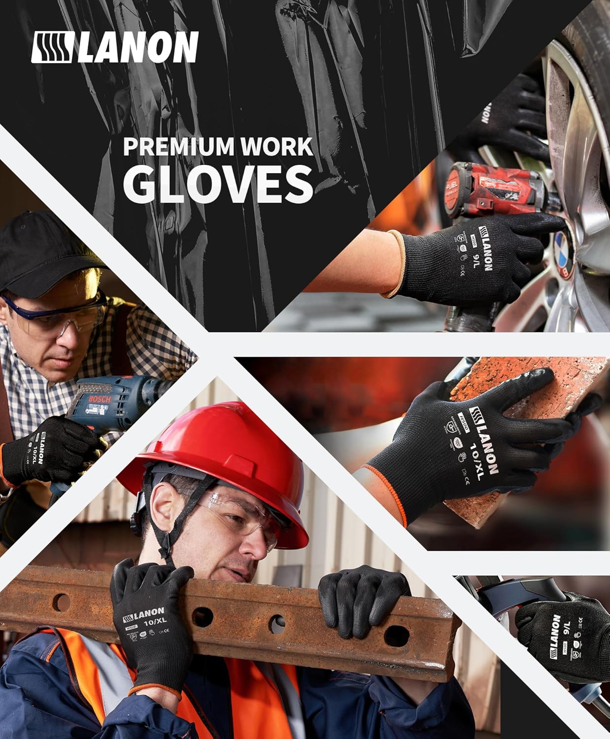 LANON Safety Work Gloves for Men and Women, 18 Pairs Mechanic Black Working Gloves with Grip Odorless PU Coated, Seamless Knit, Full Fingertip Touchscreen for Light Duty Working Gloves, Large