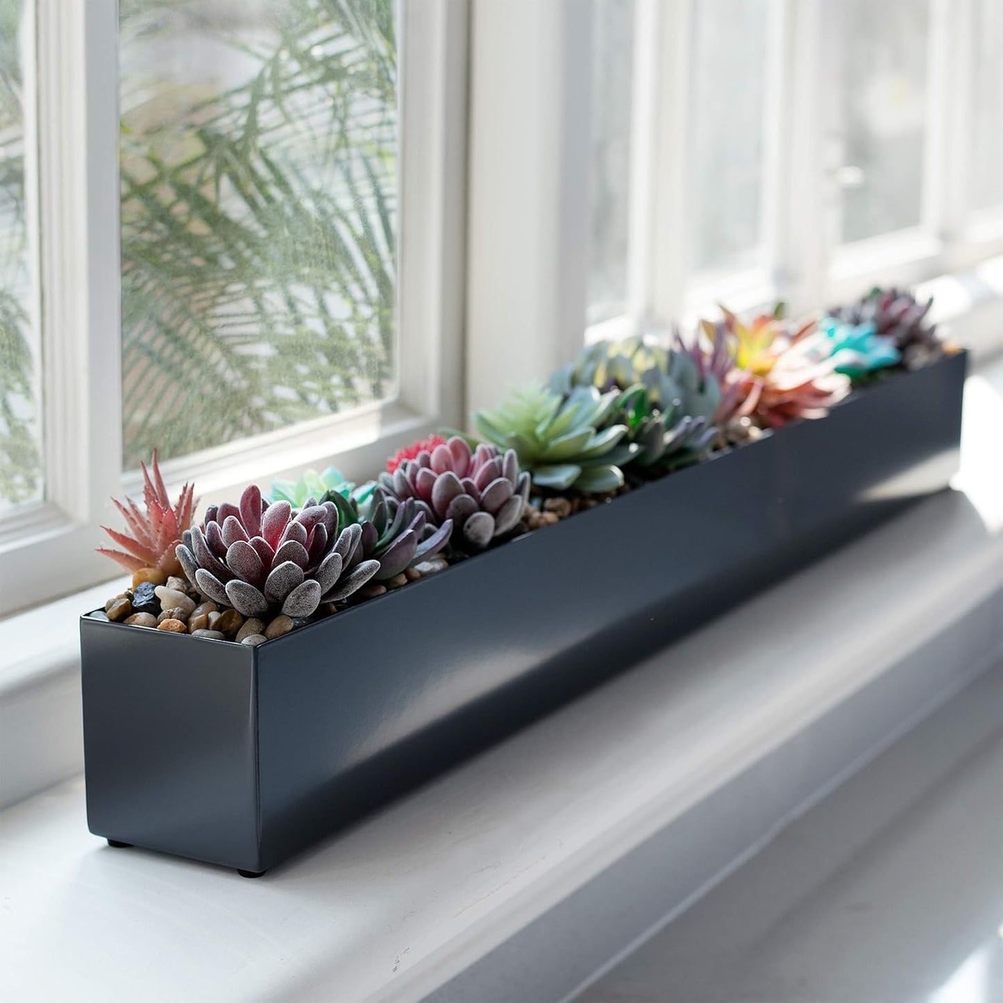 DR&Co Modern Grey Rectangle Planter Box, 16" Metal Planter Perfect for Succulent, Narrow Box for Table or Window Sill, Rectangular Stainless Steel Long