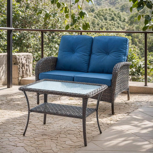 HUMMUH Outdoor Loveseat Sofa 2-Seat PE Wicker Outdoor Couch with Coffee Table,Deep Seat High Back Outdoor Patio Furniture for Patio,Garden,Porch,Deck(Blue)