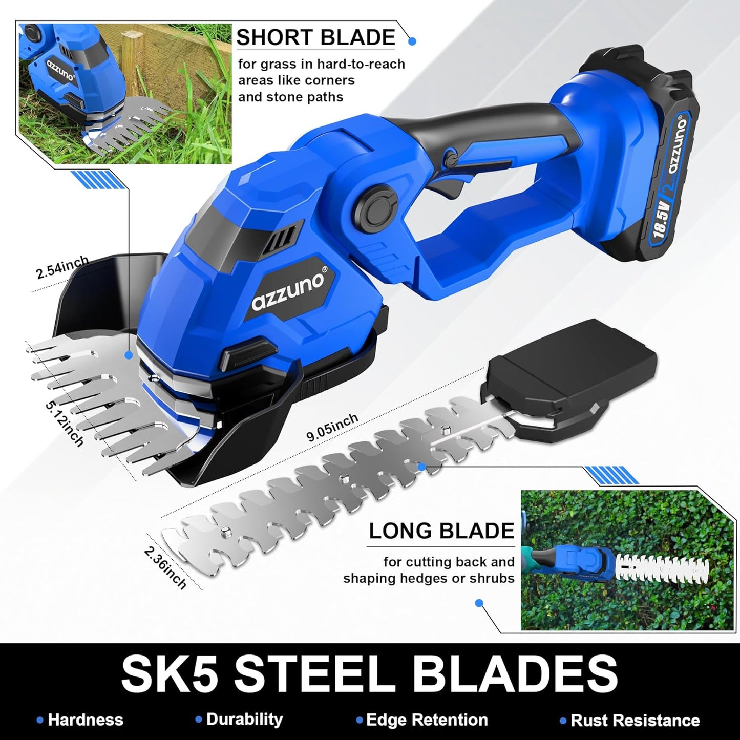 AZZUNO Cordless Hedge Trimmer, 2-in-1 Electric Grass Shears Shrubbery Trimmer with Battery，Handheld Grass Cutter Shrub Trimmer for Gardens, Yards, Lawns, Including Charger (1 Battery)