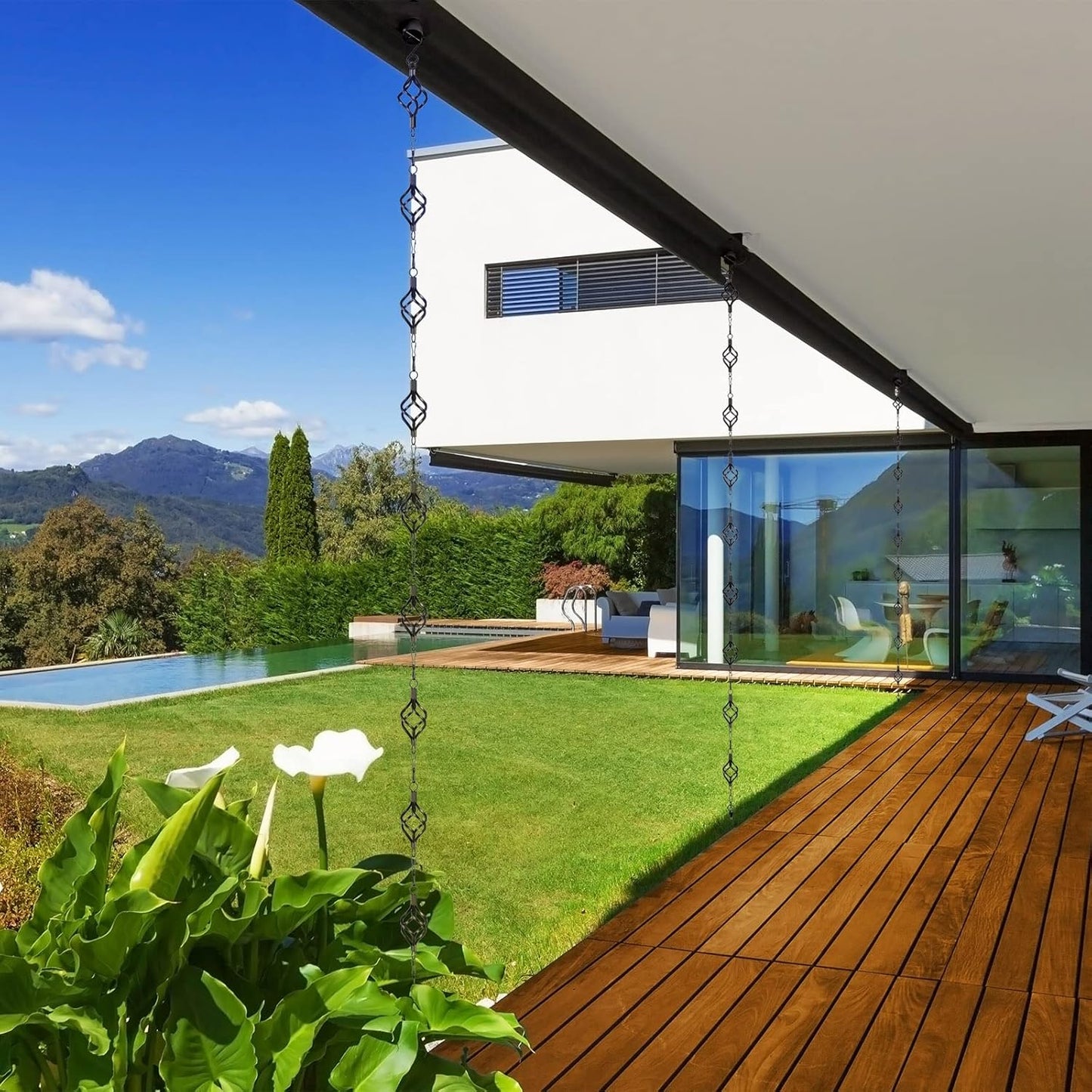 Rain Chain Bird Cage Set 8.5Ft, Not Rust Wrought Iron Rain Chains for Gutters with Adapter Gotta Drain and Sturdy Anchoring Stake,13 Cups, 1 Hook, Adjustable Length for Garden Decorative (Coffee)