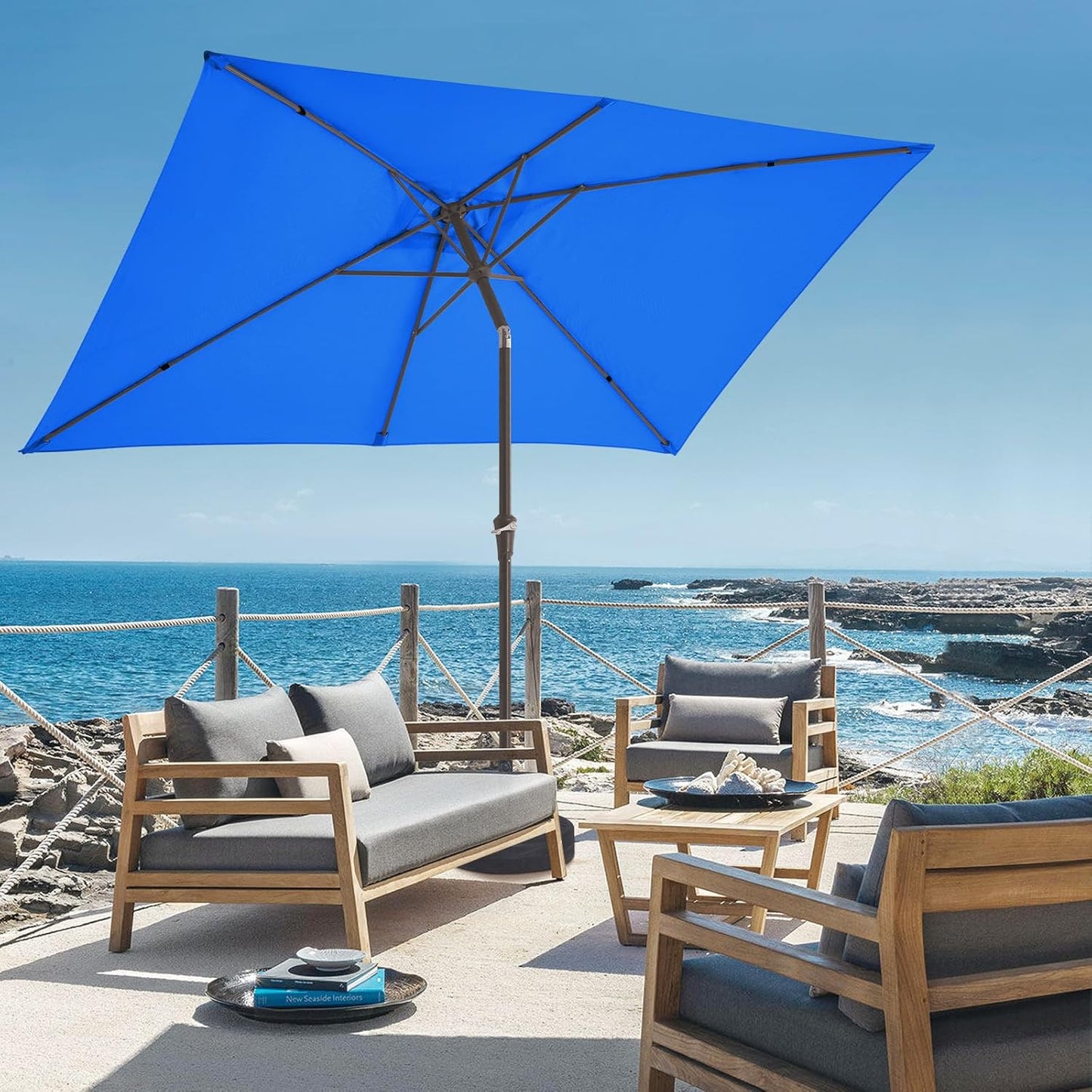 JEAREY 6.5x10 ft Rectangular Patio Umbrellas Outdoor Market Umbrella with Push Button Tilt and Crank, Rectangle Table Umbrella 6 Sturdy Ribs UV Protection for Pool Garden Backyard Deck, Royal Blue