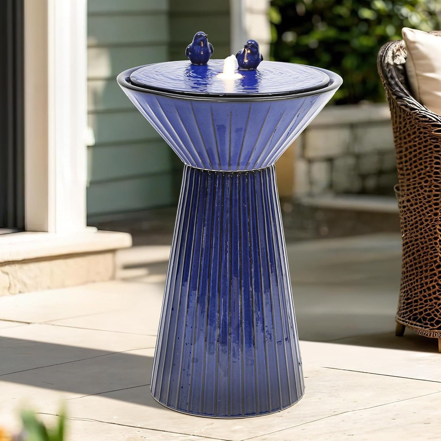 28" H Ceramic Birdbath Outdoor Fountain with LED Lights, Bird Accents & Fluted Texture, Bubbling Water Feature for Garden, Patio, Yard or Porch – Creates a Tranquil Oasis for Relaxation.