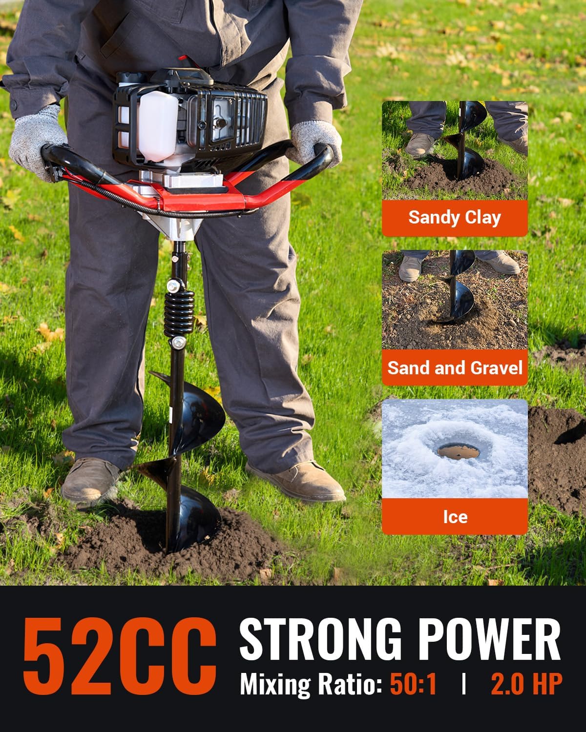 Post Hole Digger 52cc 1400W with 2 Earth Auger Drill 6"& 8" Bits, Auger Gas Powered Heavy Duty for Tree Planting Fence Gardening Ice Auger