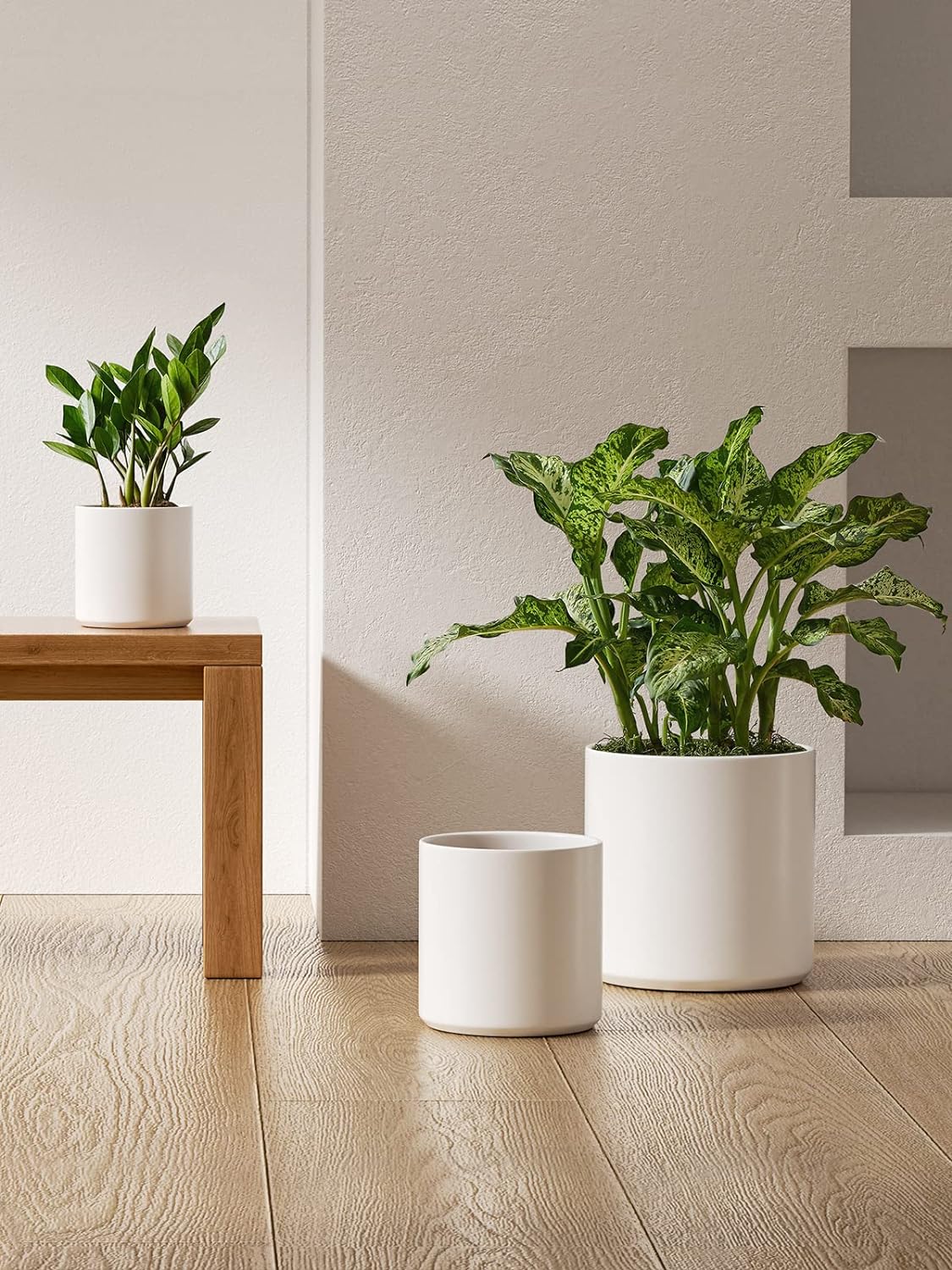 LE TAUCI Ceramic Pots for Plants, 10+8+6 Inch Indoor Plant Pots, Modern Planters for Indoor Plants Home Office, Cylinder Round Planters with Drainage Hole and Plug, Set of 3, White