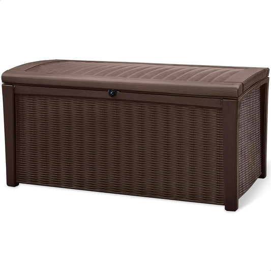 Keter Outdoor Storage Deck Box, for Patio, Backyard & Garden, Borneo, 110 Gallon, Brown - Lockable, Organizing, and Waterproof Plastic Container Bench