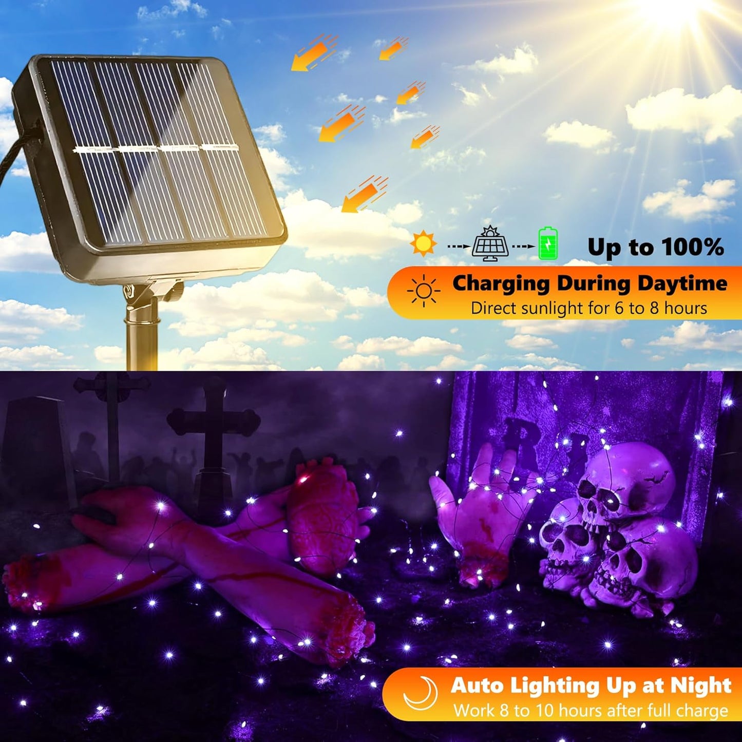 Joomer Purple Halloween Solar String Lights - 2 Pack Total 80FT 240LED Solar Fairy Lights, Waterproof Outdoor Twinkle Lights with 8 Modes for Garden, Porch, Trees, Halloween Decor (Black Wire)