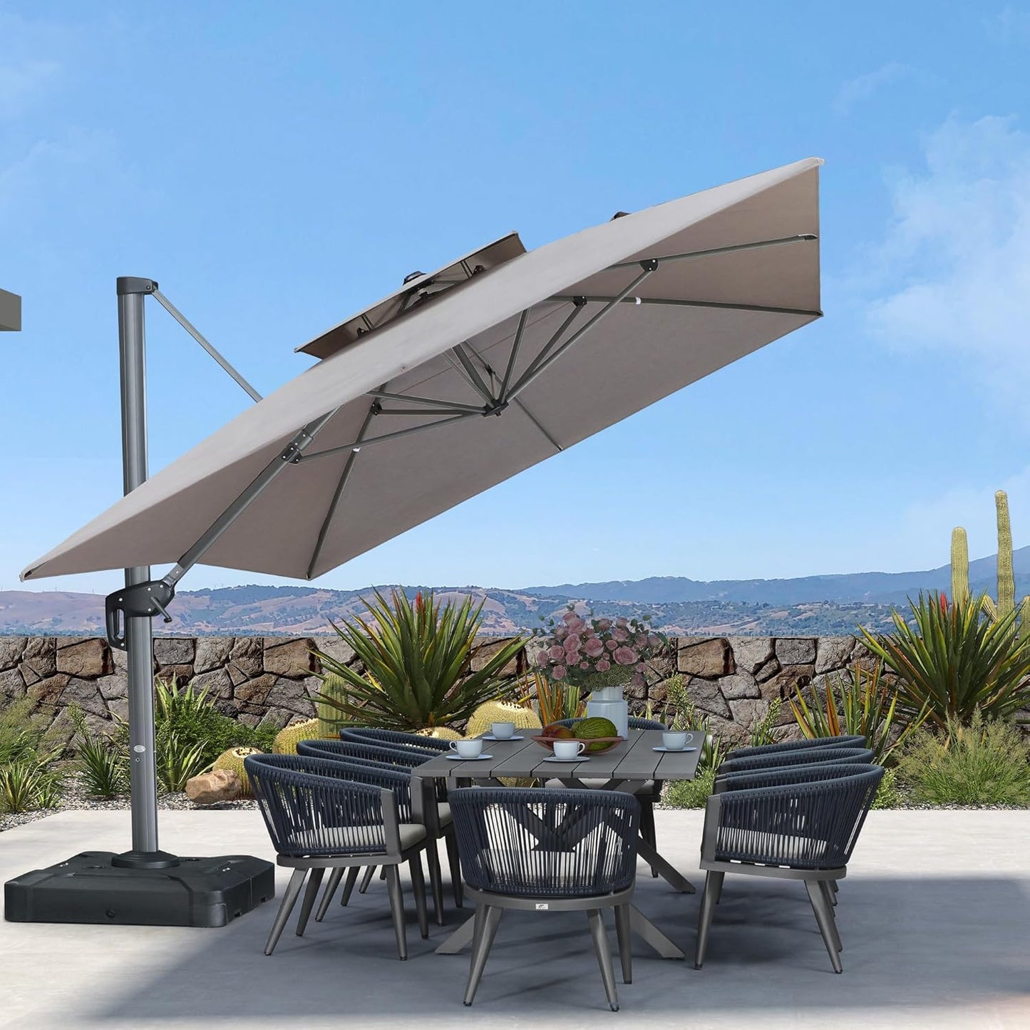 PURPLE LEAF Patio Umbrella 10' X 13' Outdoor Cantilever Umbrella Large Rectangle Double Top Heavy Duty Offset Umbrella with 360-Degree Rotation for Pool Garden Deck Cast Ash
