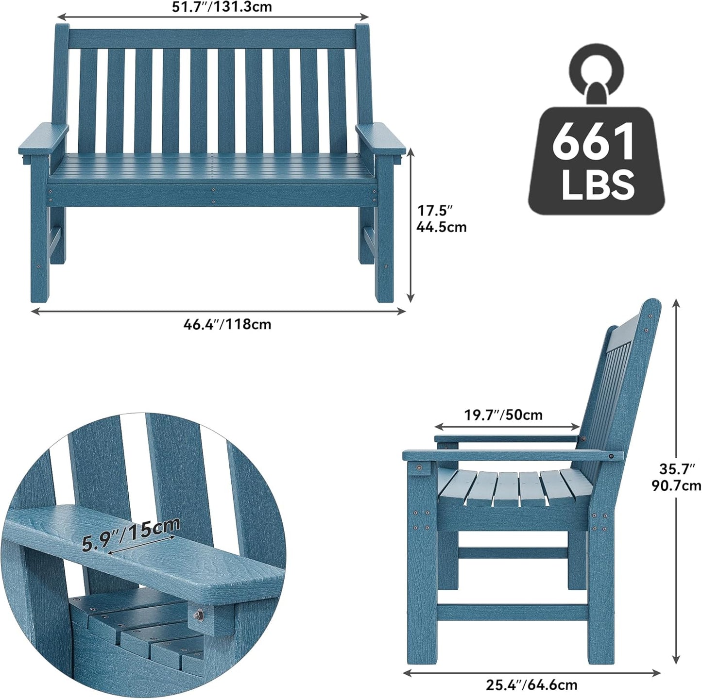 YITAHOME HDPE Garden Bench, All Weather Outdoor Bench w/Max Bearing 661LBS, 2-3 Persons Patio Bench Fade/Rot Resistance for Park, Porch, Patio & Backyard, Blue