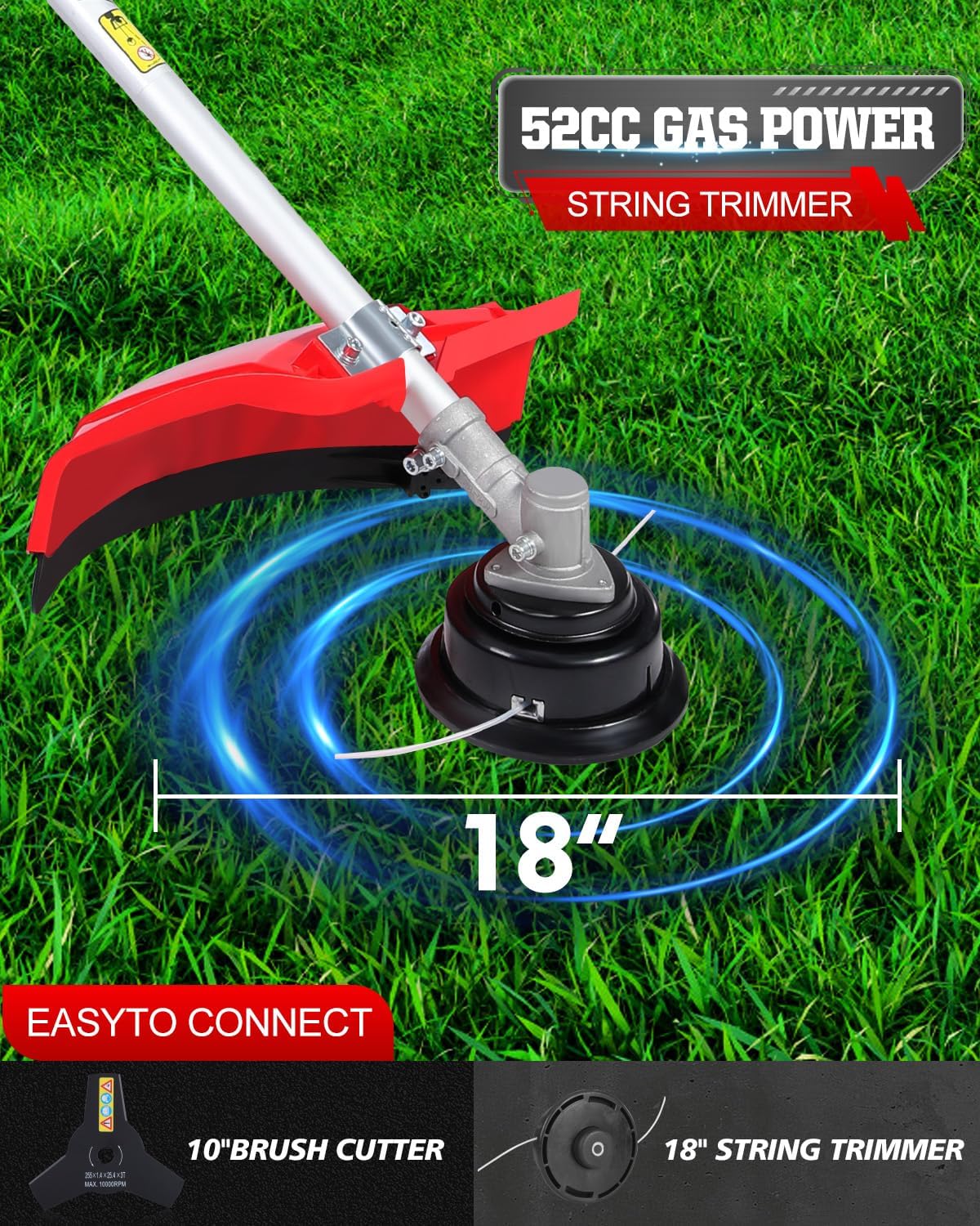 52 cc 2-Cycle Gas Powered Weed Eater, String Trimmer & Brush Cutter 3-in-1, 7,500 RPM Full-Crank, Low-Vibration Quick-Start Recoil, Detachable Shaft, Heavy Duty Weed Wacker (DE631)