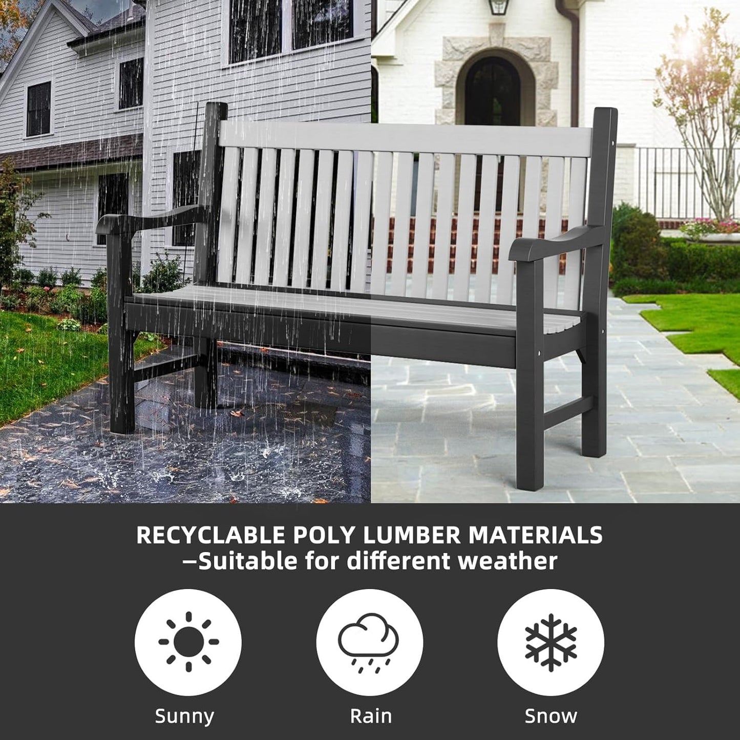 Garden Bench HDPS,Outdoor Benches Weatherproof with 660 lbs Weight Capacity, All-Weather Fade/Rot Resistant Patio Bench for Park, Front Porch, Backyard (Grey+White)