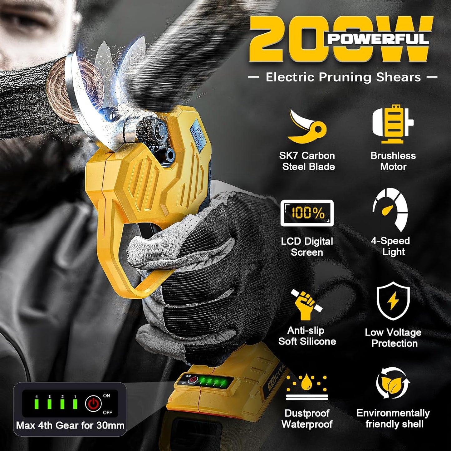 TOCiTAA Cordless Electric Pruning Shears Compatible with Dewalt 20v Battery, Portable Pruner Garden Tool Brushless & Imported SK7 Steel Blades, 1.5-2 Inch Cutting Diameter (Tool Only)