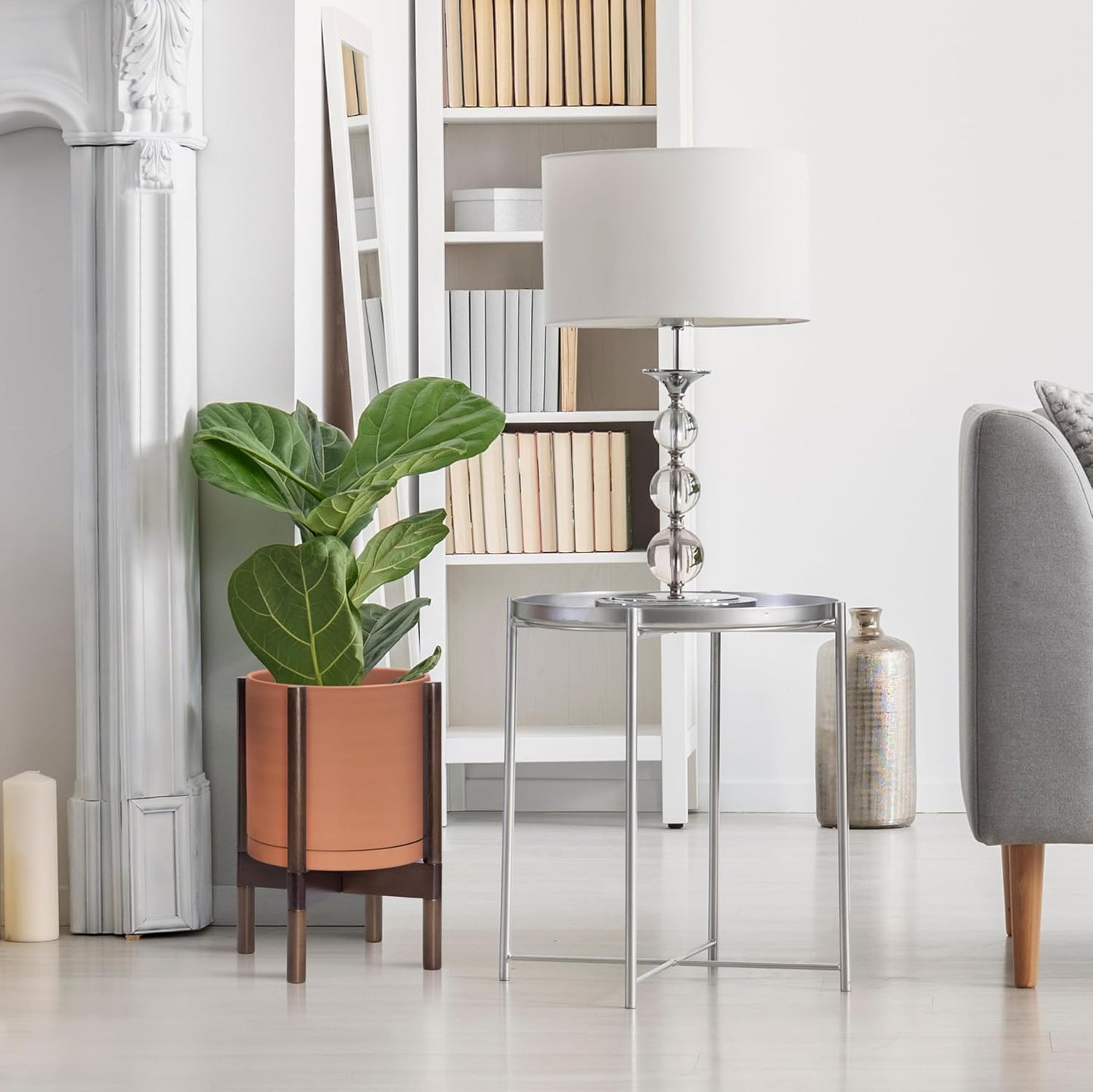 D'vine Dev Terracotta Planter with Walnut Color Stand - 10 Inch Modern Round Flower Pot with Wood Planter Holder, Terracotta, 55-B-X-5