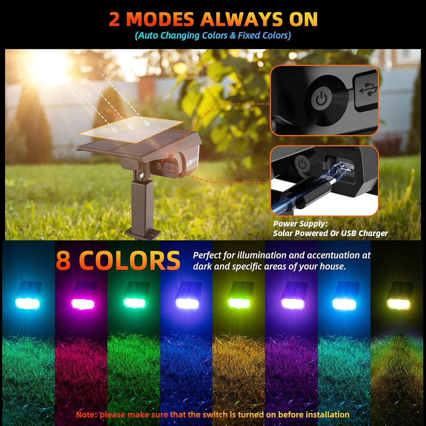 Color Solar Lights Outdoor Waterproof Spotlights with 9 Light Modes, Color Changing Outdoor Light for Decorate Festivals, Colored Solar Spot Lights Auto On/Off, RGBW 6 Pack