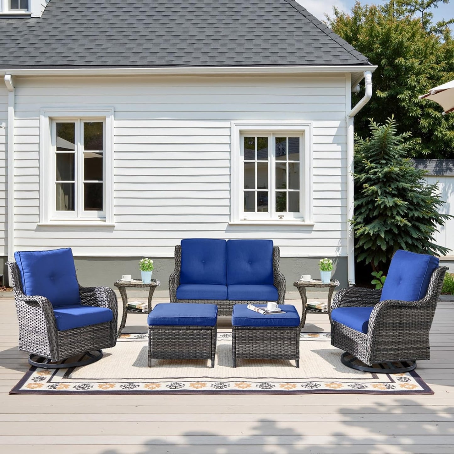 Outdoor Patio Furniture Set - 7 Piece Gray Wicker Conversation Patio Furniture Set All Weather Swivel Chairs with Ottoman and Loveseat Glider Chair for Deck Balcony Backyard