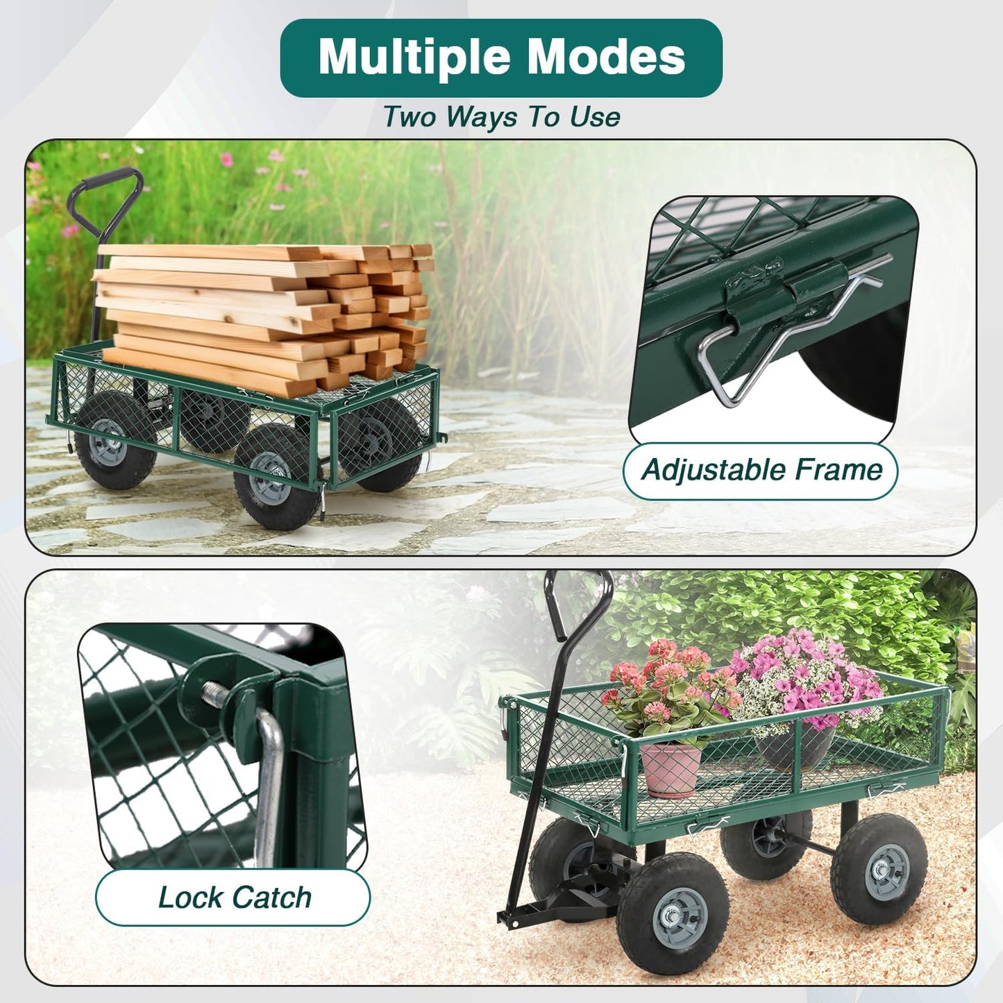 FDW Garden Cart Streel Heavy Duty 500 LBS Capacity，Utility Cart Wagon with Removable Sides and 180°Rotating Handle for Yard, Lawn and Garden Hauler (Green)