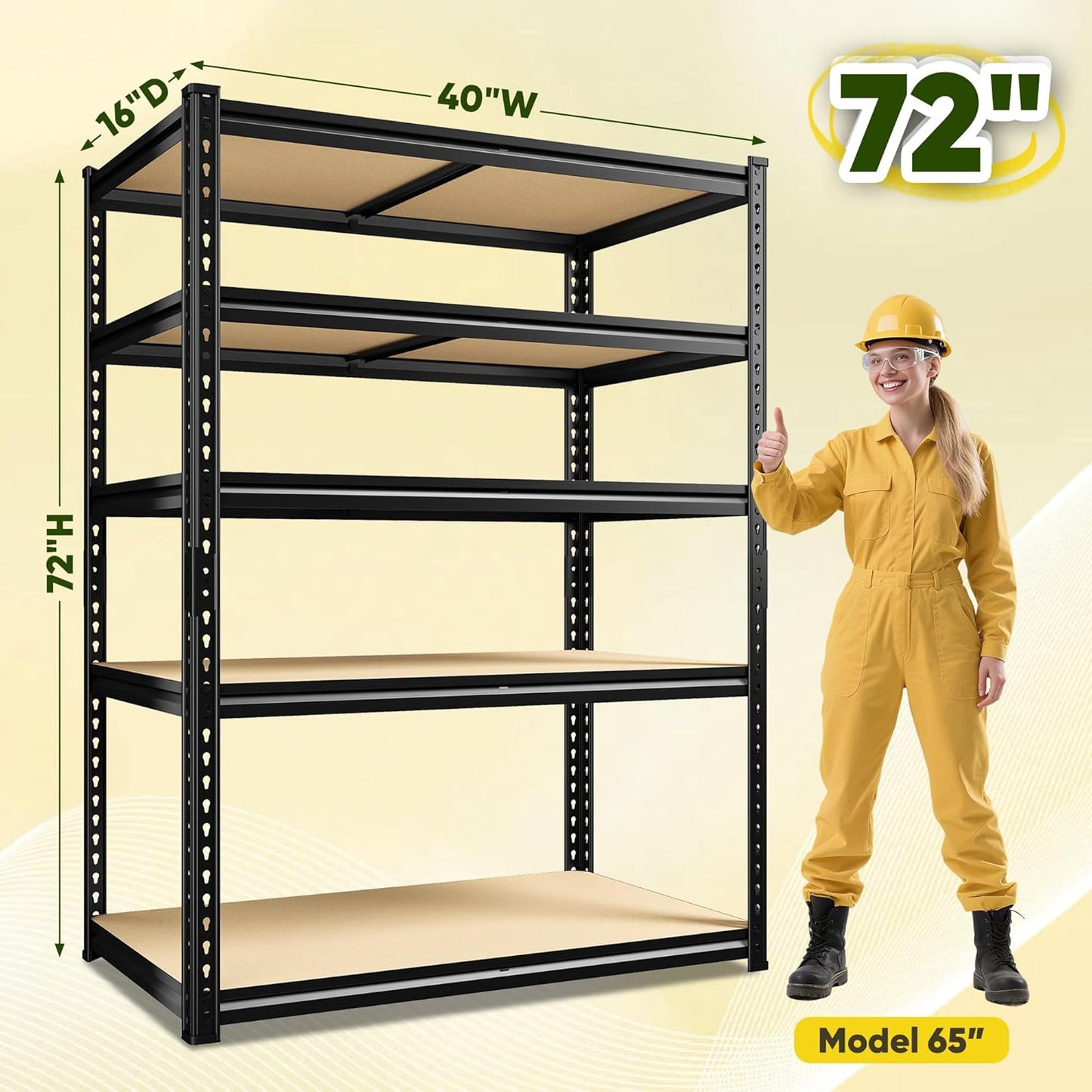 72" H Garage Shelving, 5 Tier Storage Shelves Load 2500 lbs, Adjustable Garage Shelves, Metal Shelving Unit for Warehouse, Basement, Pantry, 40" Wx 16" D x 72" H, Black