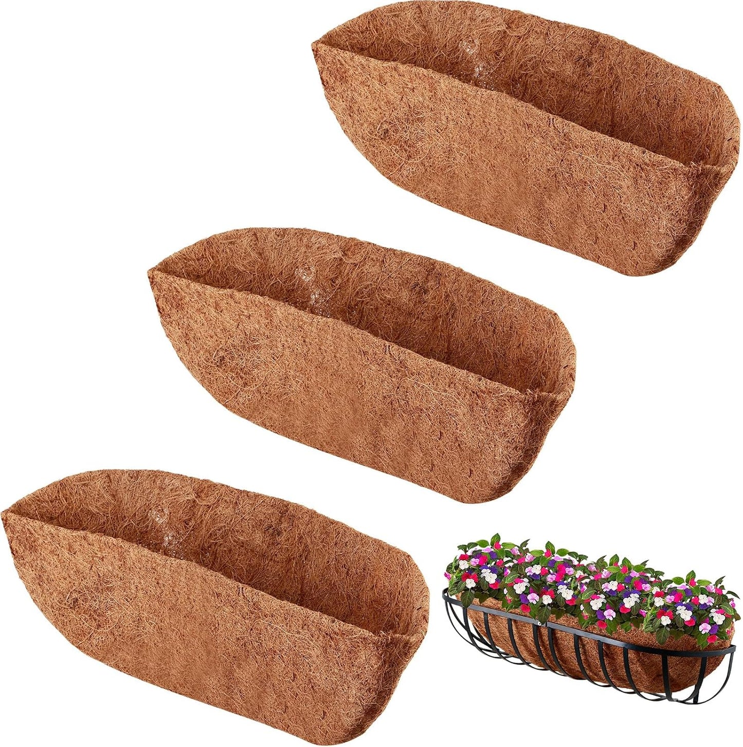 3 Pack Trough Coco Liner 24/30/36 Inch Hanging Basket Liners 100% Natural Coconut Husk Liners for Planters Window Box Planter Inserts for Large Pots Trough Planters Outdoor Garden Decoration