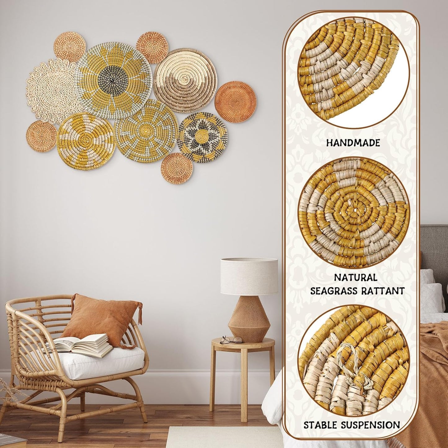 Tatuo 11 Pcs Boho Wall Basket Decor Decorative Bulrush Woven Basket Wall Decor Art Round Farmhouse Hanging Baskets for Kitchen Rustic Home Summer Decorations, Multi Sizes(Lively)