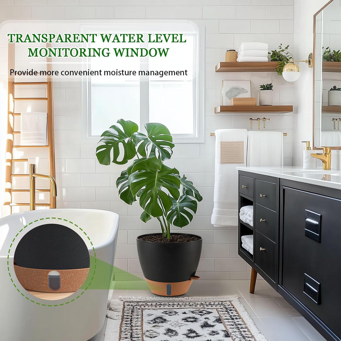 8/10/12 Inch Self Watering Pots for Indoor/Outdoor Plants - Large Plastic Planter with Drainage Holes, Water Level Indicator & Deep Reservoir, Modern Decorative Flower Pots (Black)