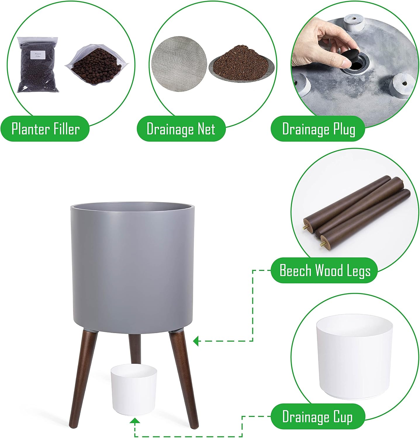 D'vine Dev 12 Inch Planter Pot with Stand, Mid-Century Tall Plant Pot with Legs for Indoor Plants, Large, Grey, 88-O-C-3