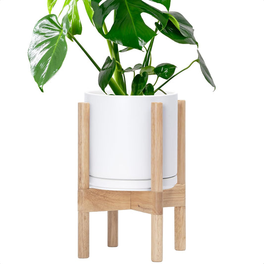 D'vine Dev Ceramic Planter with Natural Stand - 8 Inch Modern Round Flower Pot with Wood Planter Holder, White, 55-B-N-1