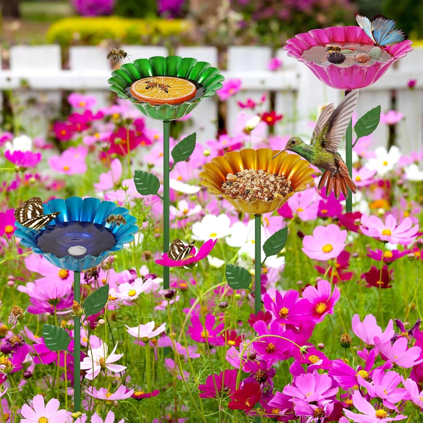 Large Bee Watering Station 2 Pack - Bee Bath for Garden Metal Butterfly Feeders Bowl with 5.32'' Flower Design Bird Bath for Outside Outdoors Garden Decor (Blue,Yellow)