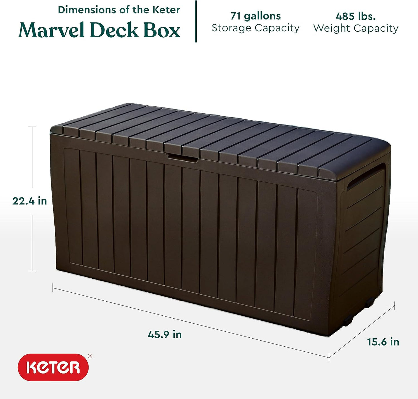 Keter Marvel Plus 71 Gallon Resin Outdoor Storage Box for Patio Furniture Cushions, Throw Pillows, Garden Tools and Pool Floats, Brown