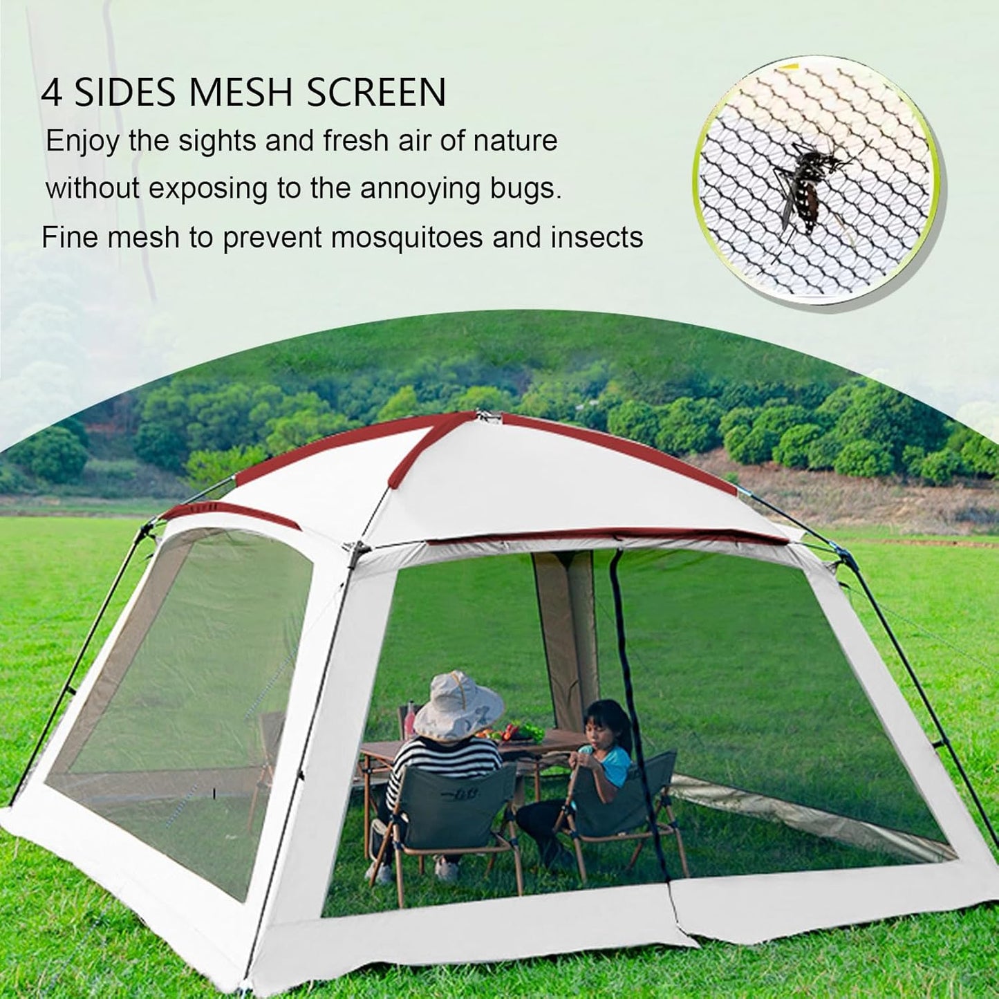 12x12 Ft Screen House Tent - Instant Pop Up Mesh Canopy Shelter with Waterproof & Sunshade Roof, Easy Setup for Camping, Backyard, Beach, Picnic, Red White
