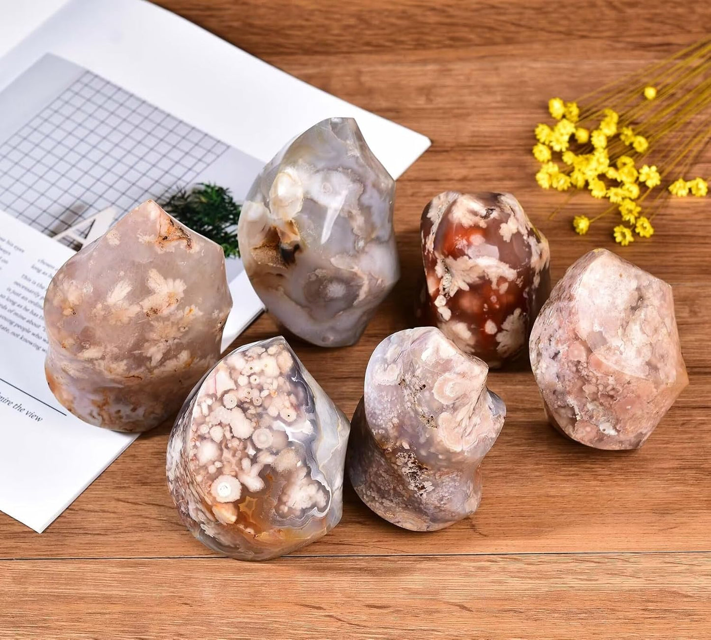 AMOYSTONE Cherry Blossom Agate Flame Shaped Stone Towers Obelisk Flower Agate Natural Healing Crystal Quartz Reiki Energy Decoration Home Office 0.6-1.0LBS