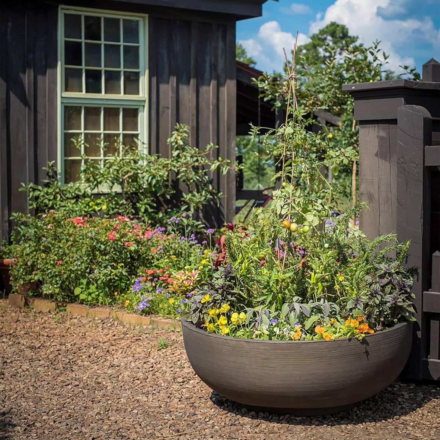 Crescent Garden Large Outdoor Planter Bowl – Double-Walled Resin Pot with Drain Hole for Water Gardens, Fountains, Decorative Landscaping - 30" W x 12" H (Old Bronze Color)