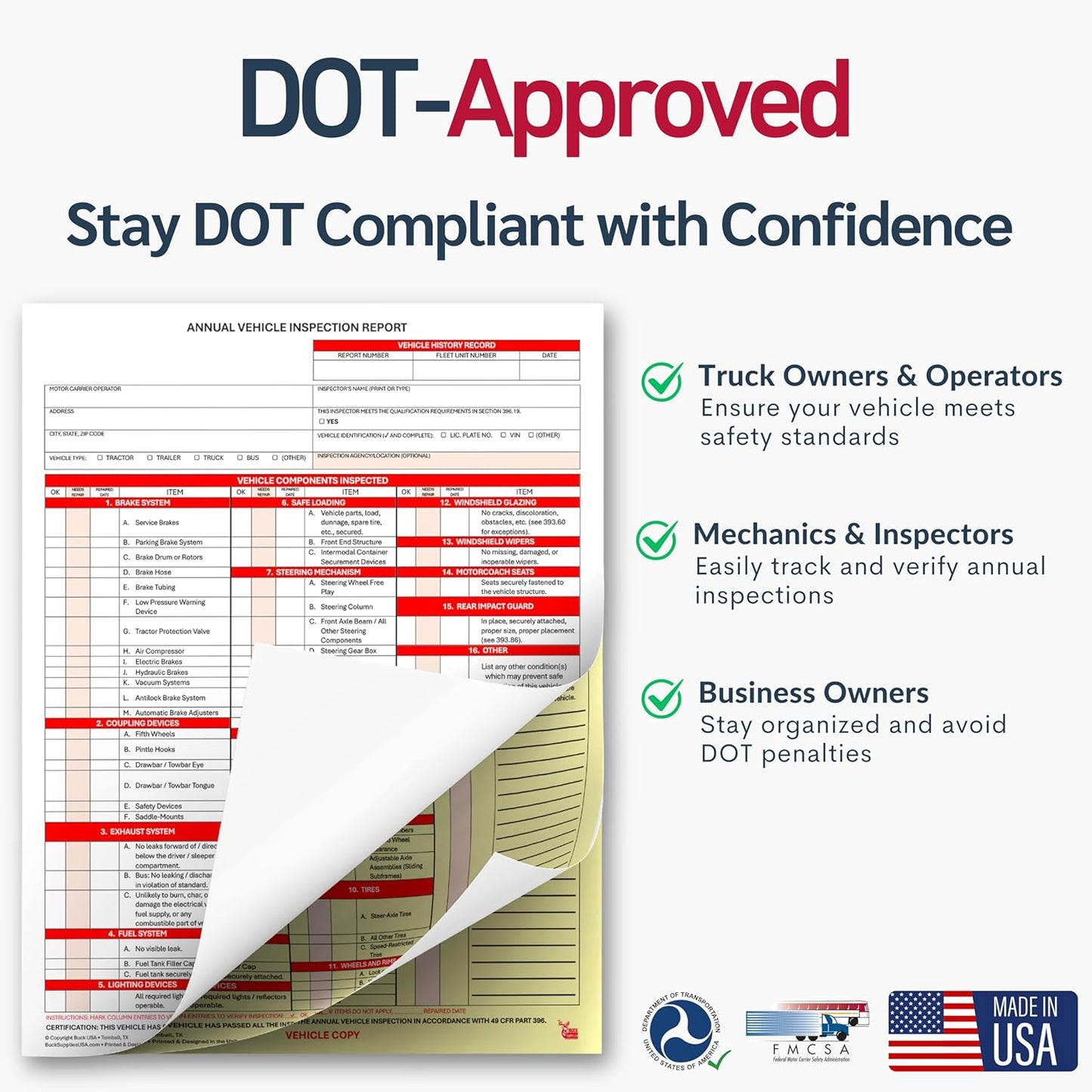 25 Pack Buck 3-Ply Carbonless Annual Vehicle Inspection Report Forms with Red Aluminum FMCSA Adhesive Labels with Punch Boxes, FMCSA & DOT Compliant, Shrinkwrapped Bundle, 8.5" x 11.8" - Made in USA