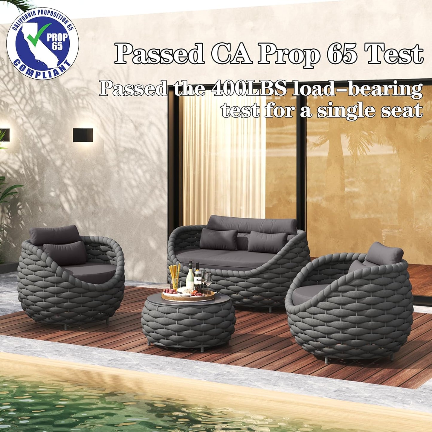 TWT Patio Furniture Sofa Set 4 Pieces Aluminum Outdoor Furniture w/27.8in Coffee Table,Patio Conversation Set with Hand Woven Textilene Rope for Backyard Garden Poolside,Dark Gray