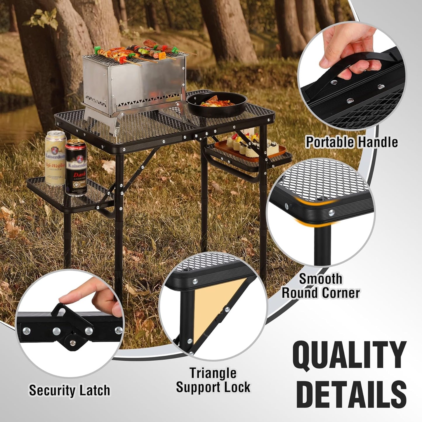 REDCAMP 35x16 Folding Grill Table for Outside with 2 Side Tables, 4 Adjustable Heights Portable Small Stand Table for Outdoor Indoor Camping Picnic BBQ