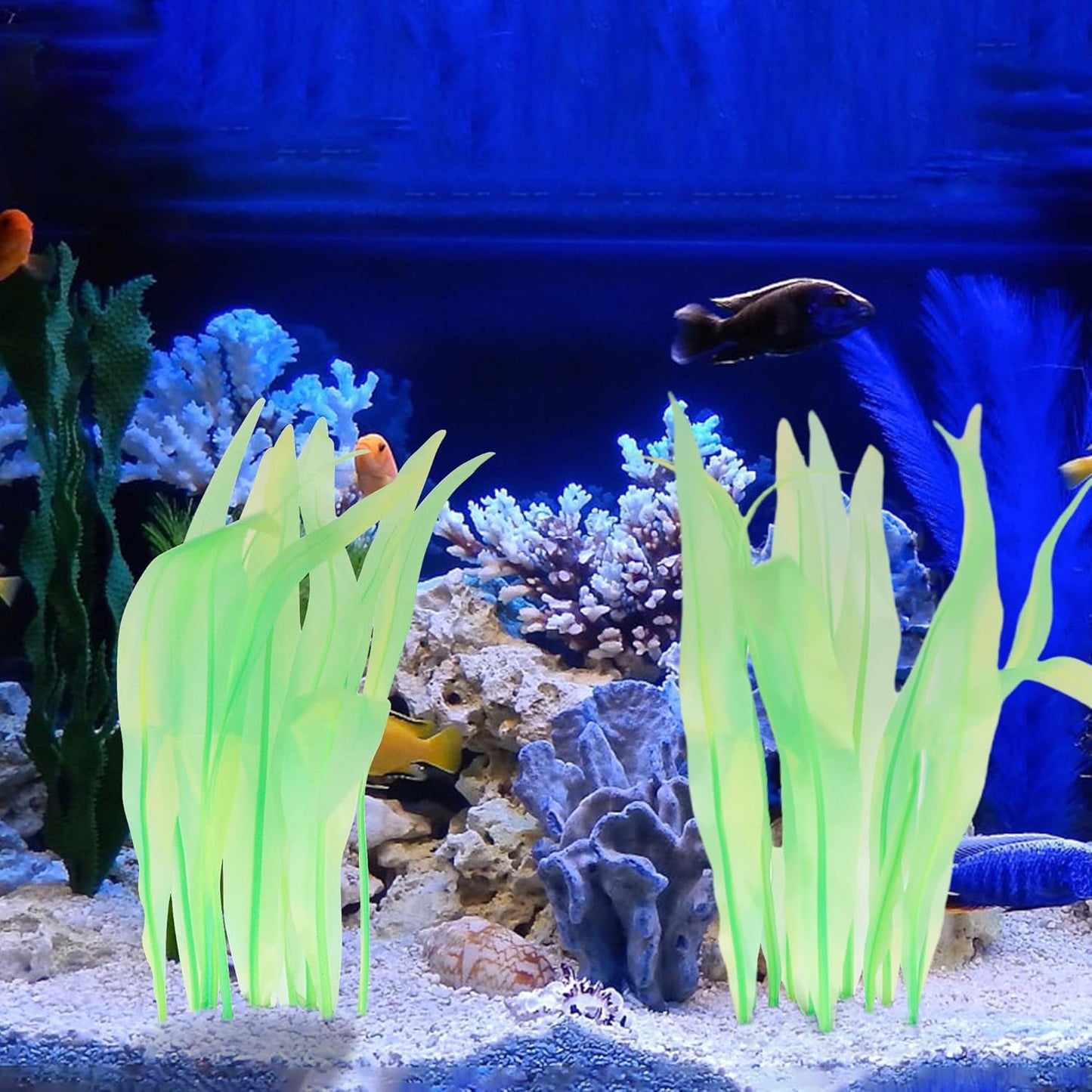 Kaiyuan Dynasty 2pc Artificial Fish Tank Plants Aquarium Decoration Plants Silicone Glowing Kelp Ornament Fish Tank Decor Aquarium Plant Aquatic Water Grass,7inch,Green