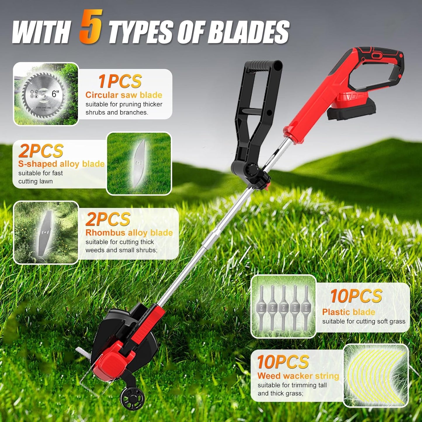 Electric Weed Wacker Eater Cordless Grass Trimmer Battery Powered with 2 Battery&25 Pcs Blades, 3 in 1 21V/2.0Ah Lightweight Portable String Trimmers/Edger Lawn Mower/Brush Cutter for Yard Garden