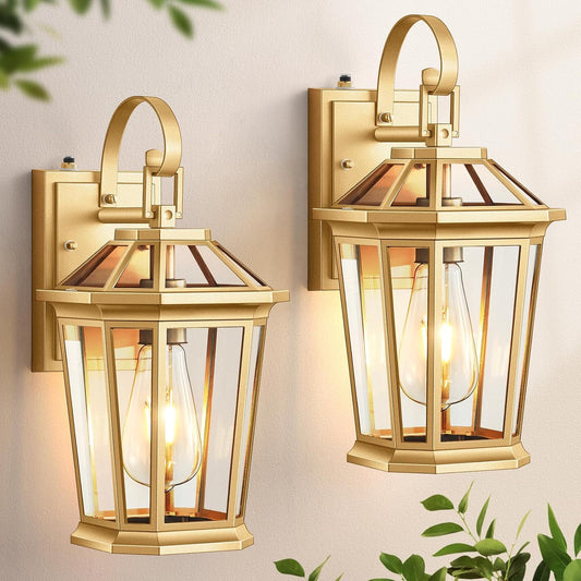 VIANIS Dusk to Dawn Outdoor Wall Lanterns, Modern Golden Exterior Lighting Fixtures Wall Mount Sconces, 100% Aluminum Waterproof Gold Porch Lights, Outside Coach Lantern for House Patio Garage, 2-Pack
