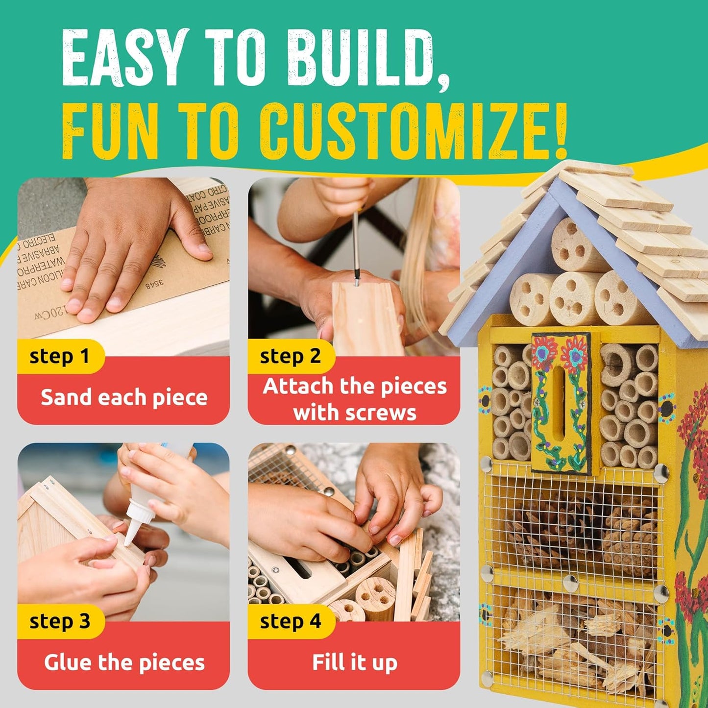 Premium Bug Hotel Kit, DIY Cedar Wood Craft for Building Bee, Ladybug, or Butterfly Houses, Educational Kit for Kids, Parents and Teachers
