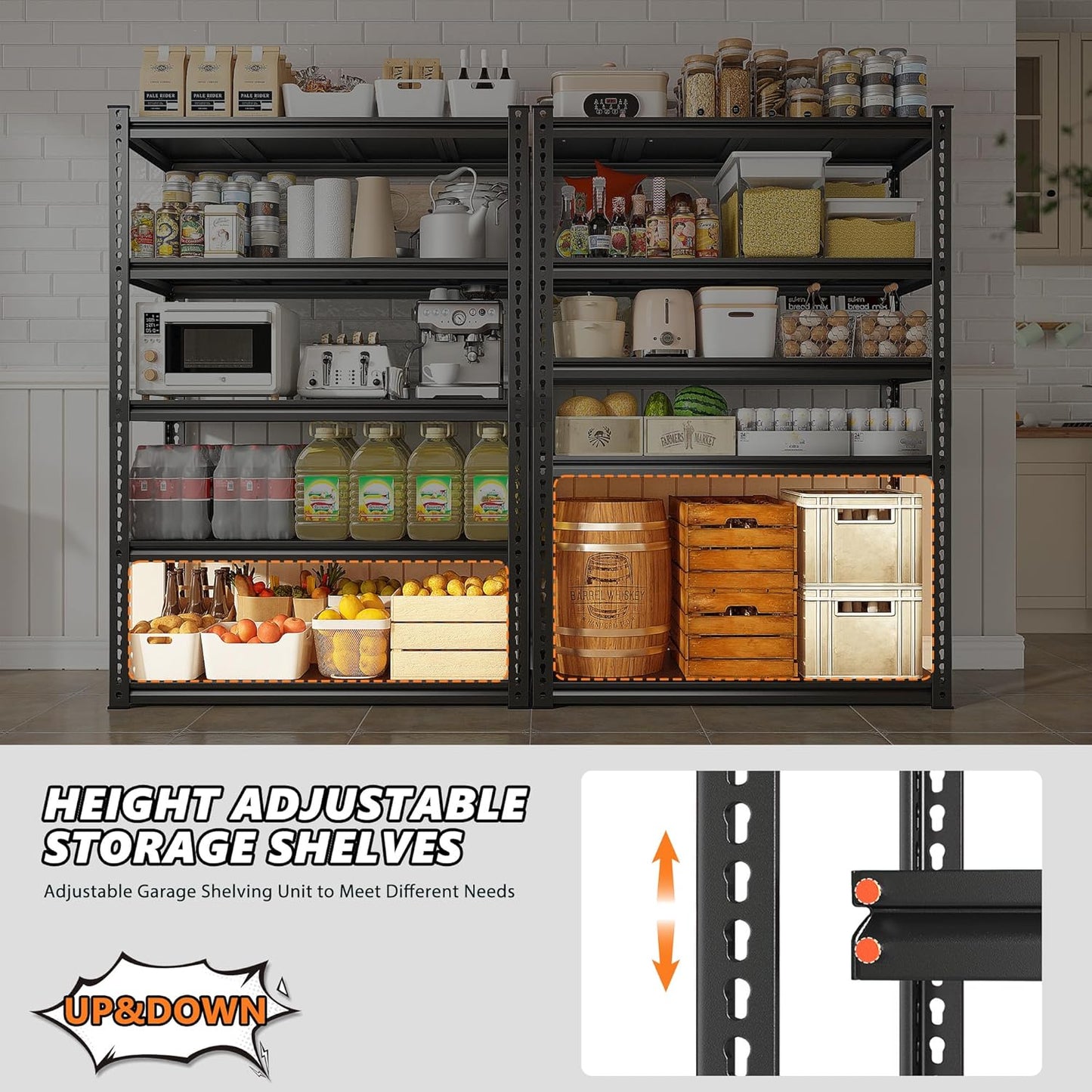 REIBII 72" Garage Shelving,Storage Shelves 2050LBS Heavy Duty Shelving, Adjustable 5-Tier Metal Shelves for Garage, Storage, Basement, Pantry, 72" H*31.5" W*16.5" D